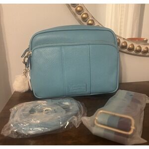 Pom Pom London Original Plus Leather Crossbody Bag BLUE w/ 2 Straps & Charm NWT